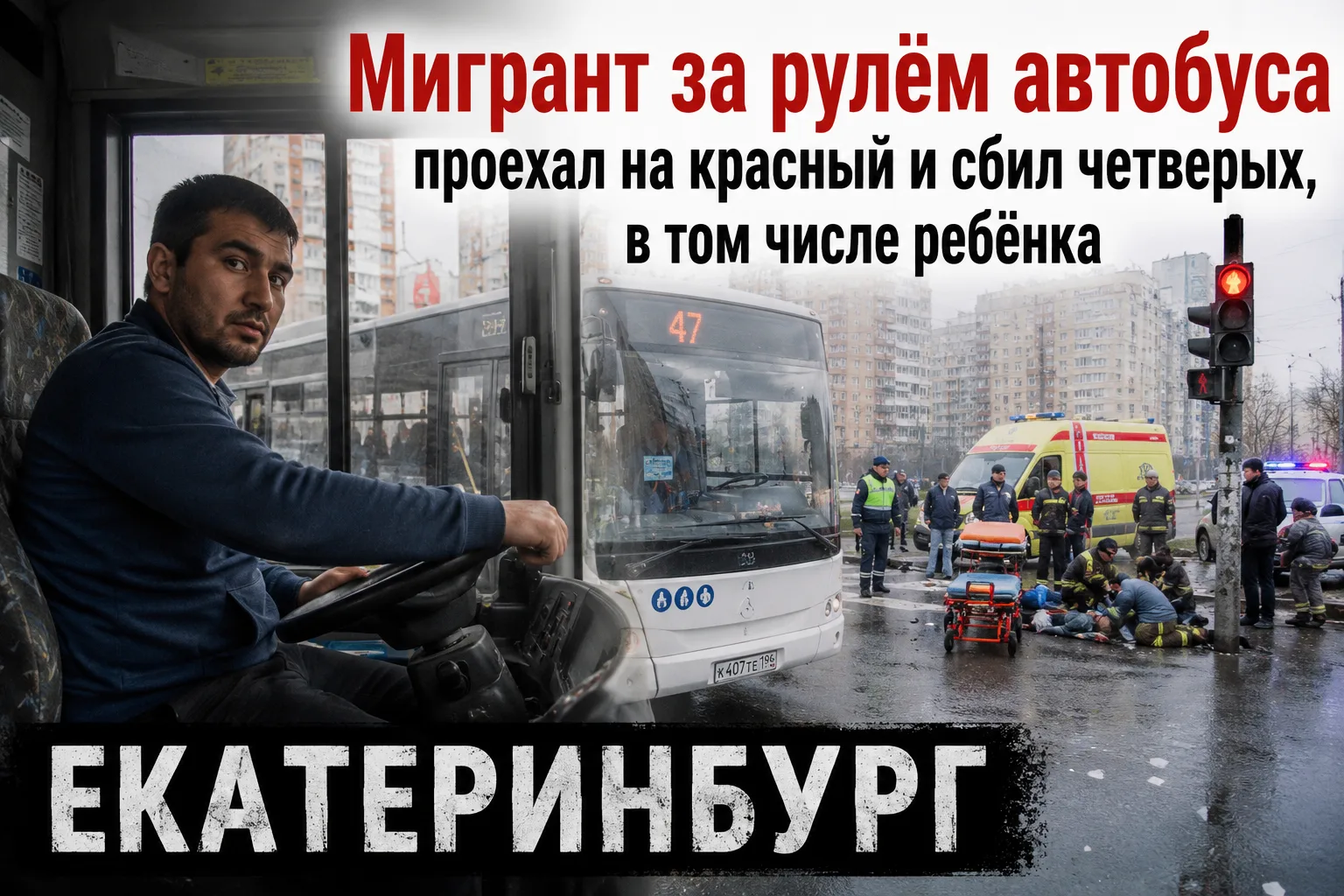 В Екатеринбурге мигрант за рулём автобуса проехал на красный и убил четверых, в том числе ребёнка