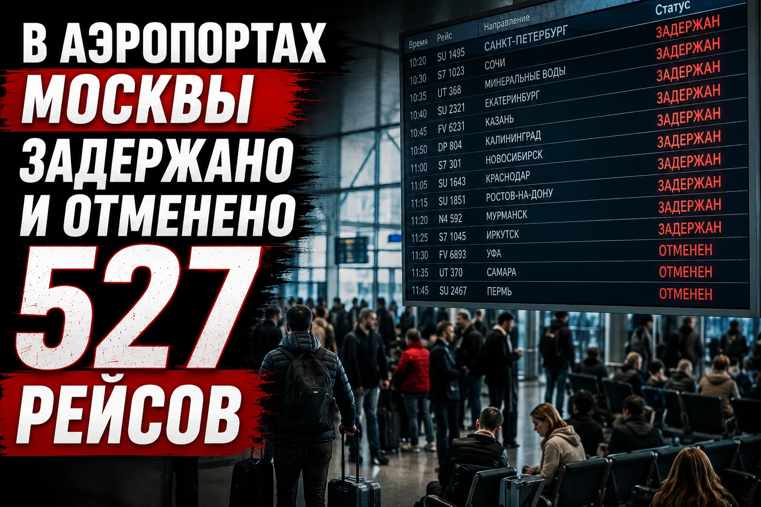 В аэропортах Москвы задержано и отменено 527 рейсов