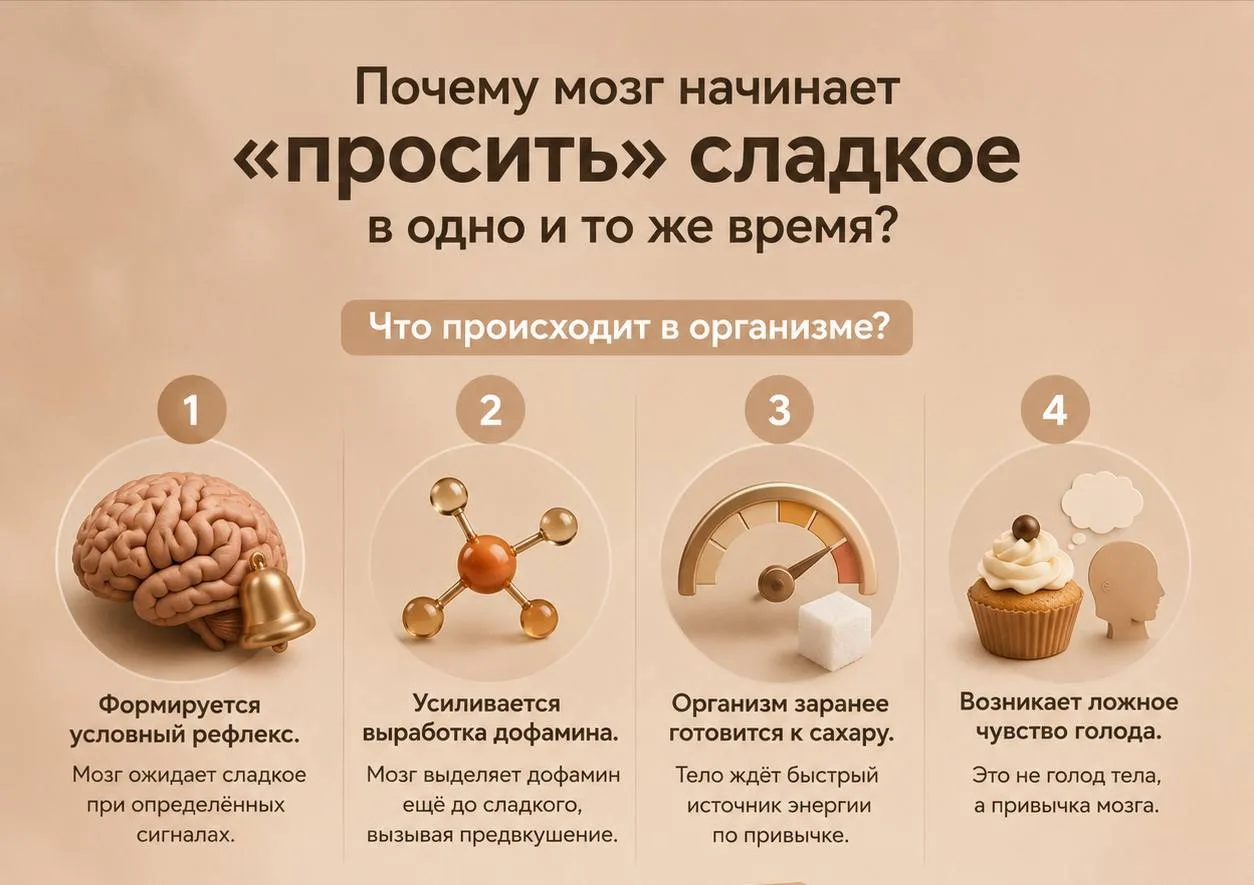 Почему мозг начинает "просить" сладкое каждый день в одно и то же время?

Замечали, что примерно в о