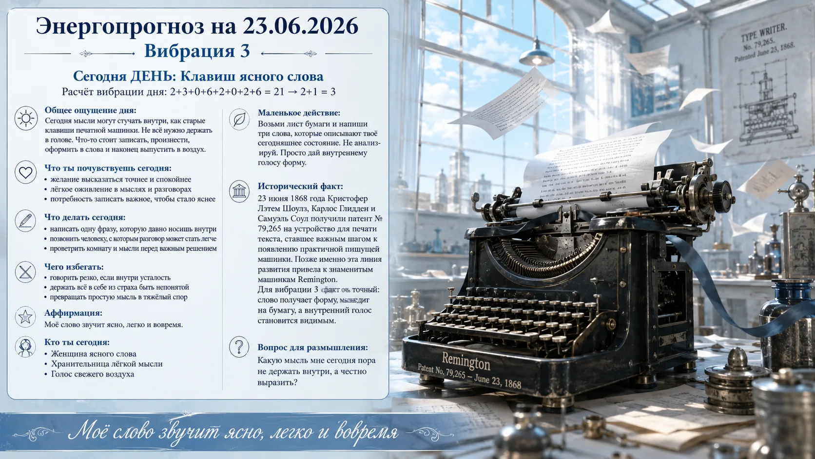 🌟 Энергопрогноз на 23.06.2026

🔢 Расчёт вибрации дня:
2+3+0+6+2+0+2+6 = 21 → 2+1 = 3

Вибрация 3 —