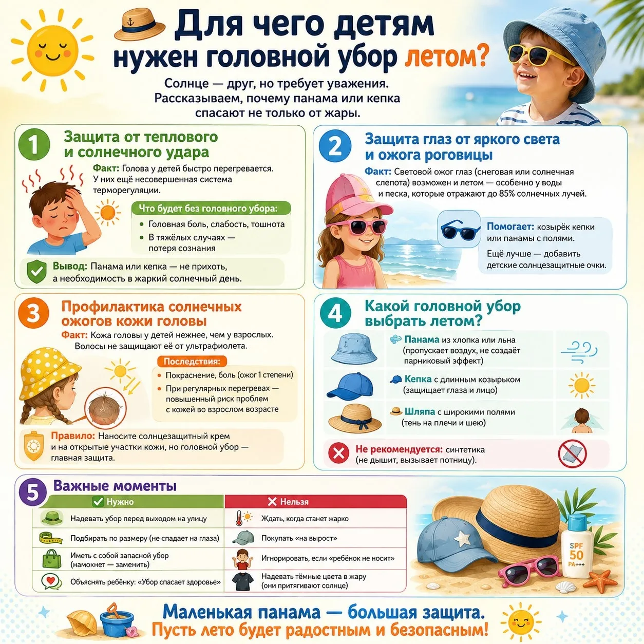 ☀️ Почему детям обязательно нужно носить головной убор в жару? ☀️

Лето — время прогулок, игр на пло