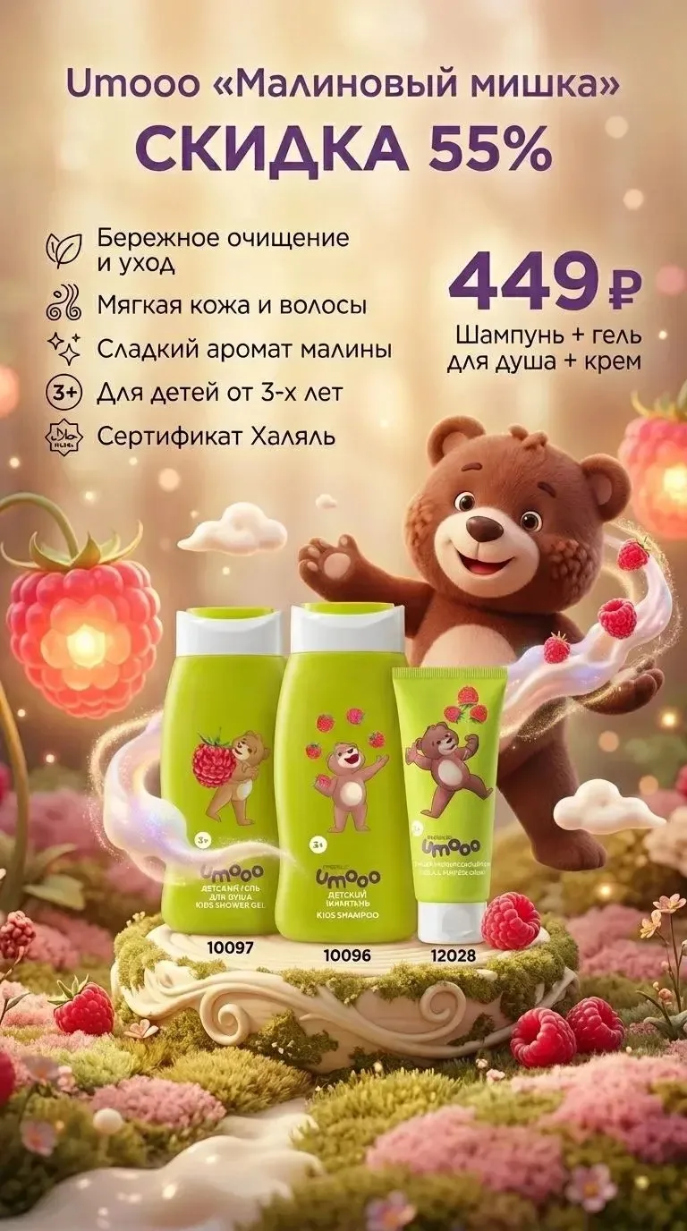 Набор Umooo «Малиновый мишка» со скидкой 55% шампунь (10096), гель для душа (10097), крем (12028) вс