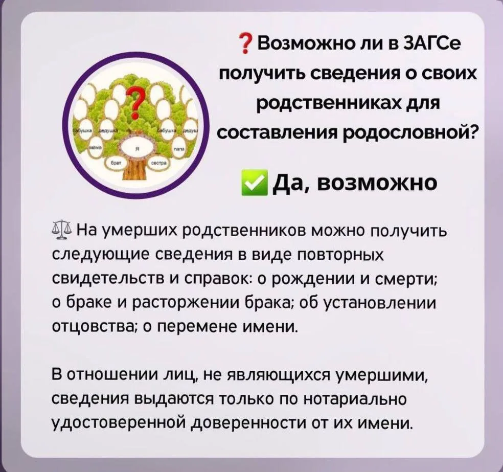 ⚖ВОПРОС-ОТВЕТ

❓Возможно ли в ЗАГСе получить сведения о своих родственниках для составления родослов