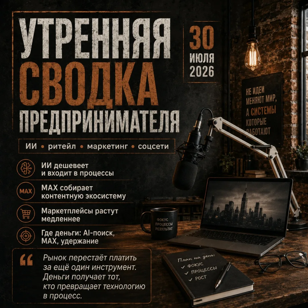 ☕ УТРЕННЯЯ СВОДКА ПРЕДПРИНИМАТЕЛЯ
30 июля 2026 | ИИ • ритейл • маркетинг • соцсети

Главная мысль