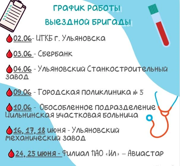 График работы выездной бригады на июнь

2 июня  
📍 ЦГКБ г. Ульяновска  
🕘 Сдача крови: 09:00 - 12: