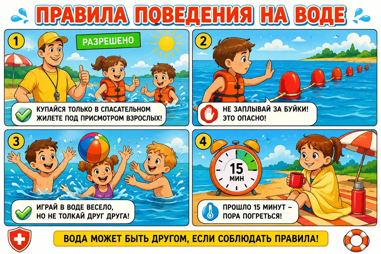 Правила поведения на воде
Некоторые правила, которые должны знать дети:
Купаться только в разрешённы