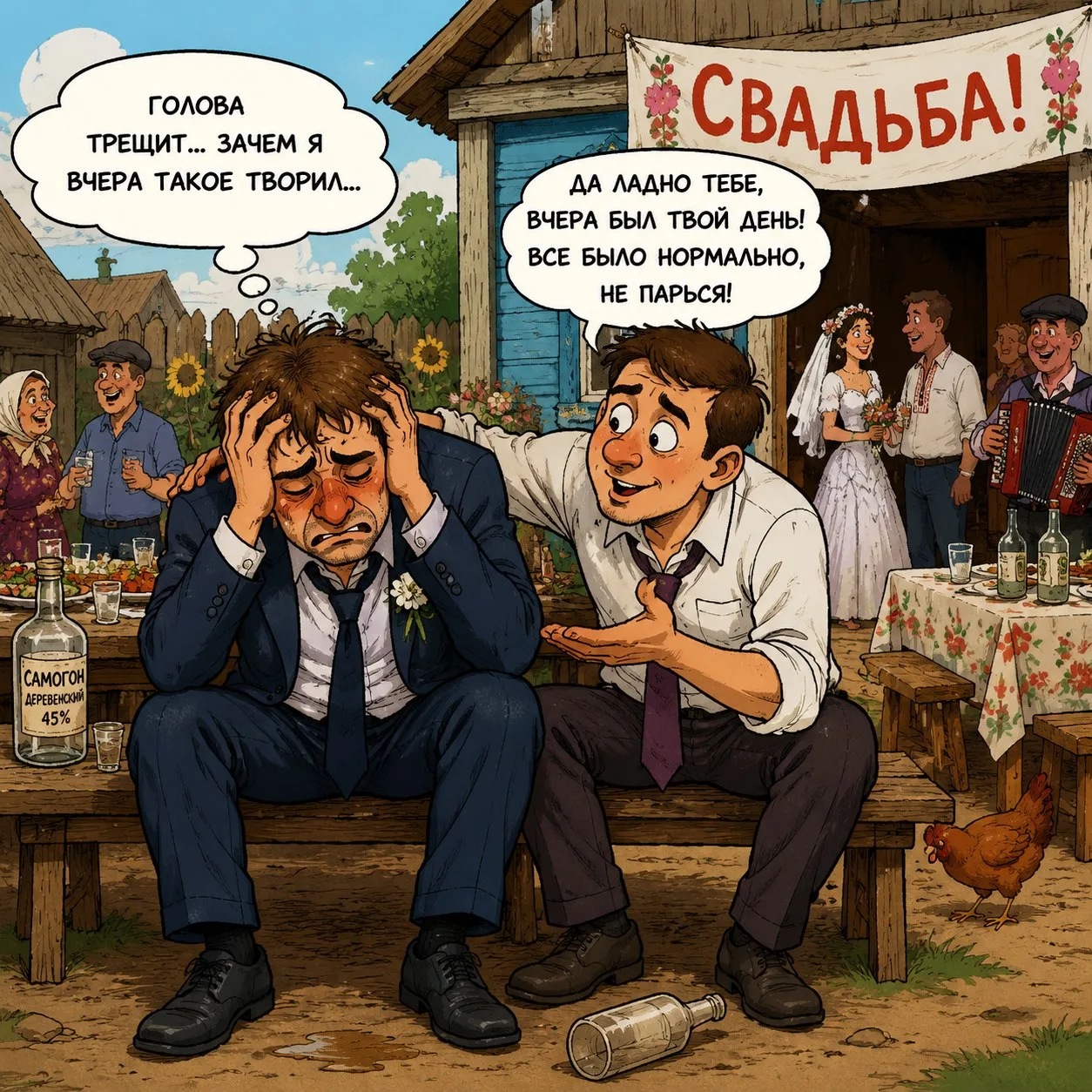 Свадьба. В дымину пьяный жених спит за столом, к нему подходит друг и говорит:
— Проснись, ты на сва