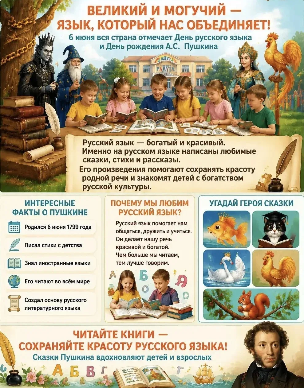 📚✨ 6 июня — День рождения Александра Сергеевича Пушкина и День русского языка! 🇷🇺🎉 

Каждый год 