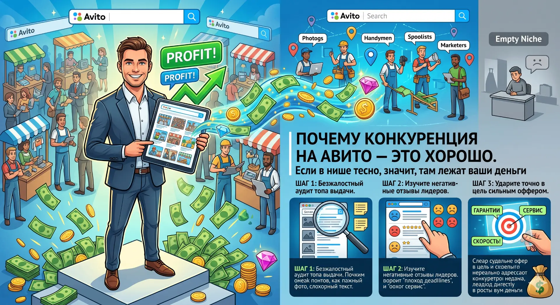 Почему конкуренция на Авито — это хорошо. Если в нише тесно, значит, там лежат ваши деньги

«Ой, там