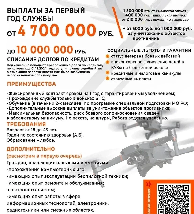 Минобороны РФ продолжает набор в новый род войск — войска беспилотных систем
Сегодня в зоне спецопер