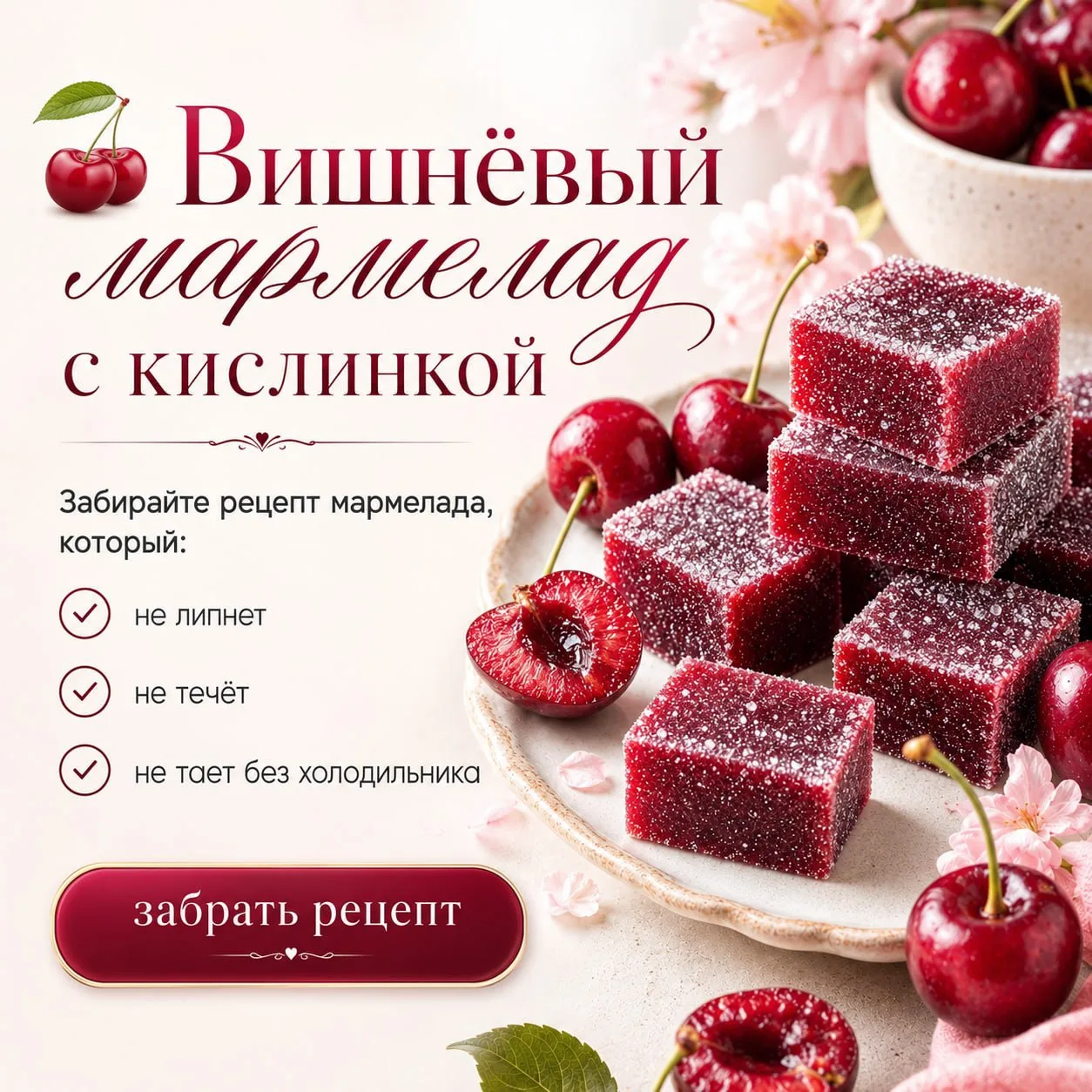 🍒 Вишнёвый мармелад с кислинкой, который идеально сочетается с шоколадным ганашом.

Не приторный, я