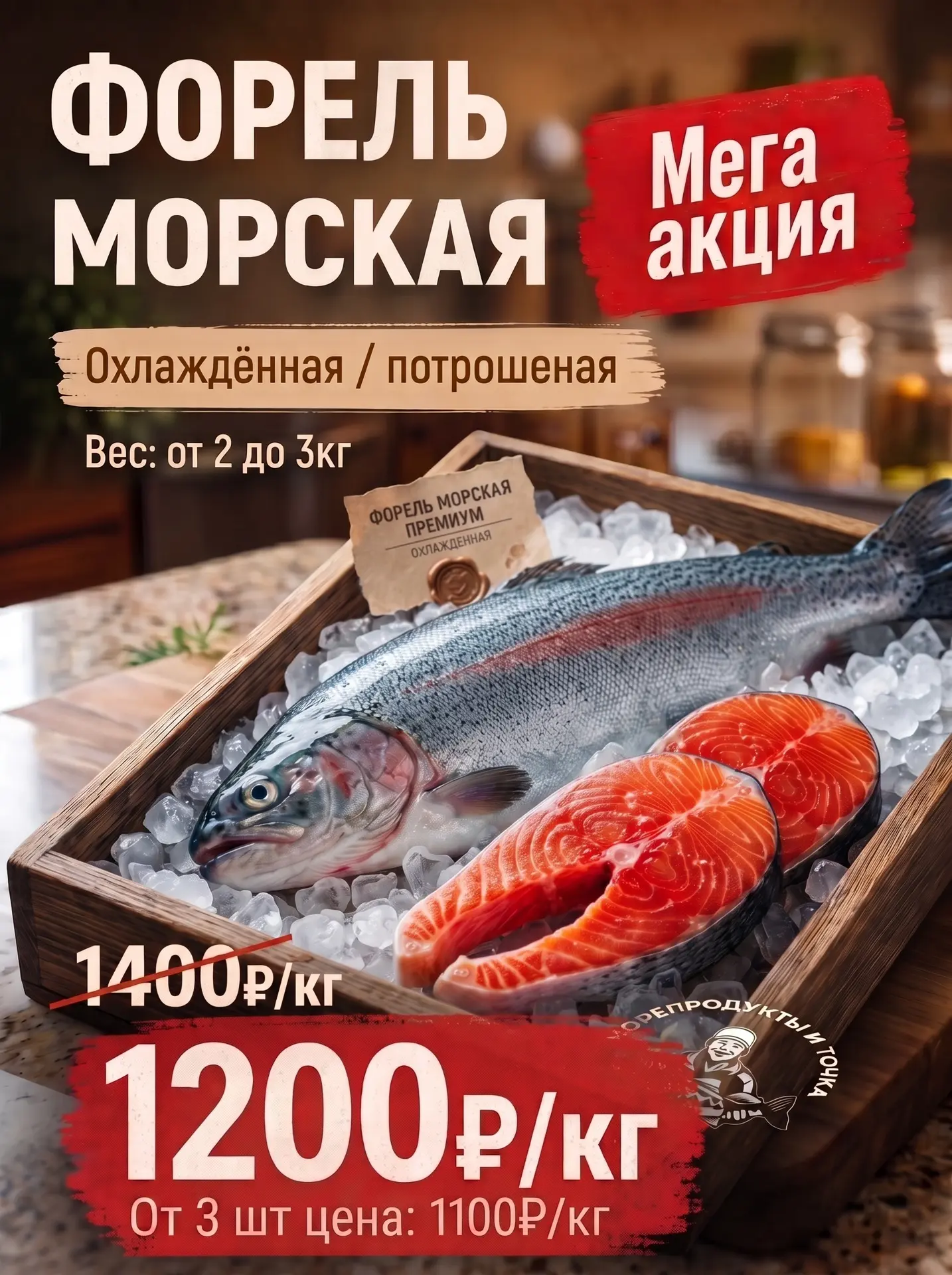❗МЕГА АКЦИЯ❗
🔹 Форель морская 
Охлаждённая/потрошеная
Вес: от 2 до 3кг
Цена:  1200₽/кг

От 3 шт цен