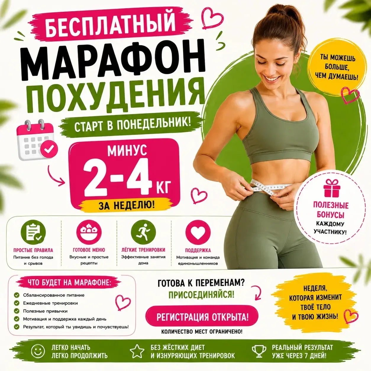 💃Вы похудеете на 2-4 кг всего за неделю на бесплатном марафоне стройности!

РЕЗУЛЬТАТЫ БУДУТ УЖЕ В 