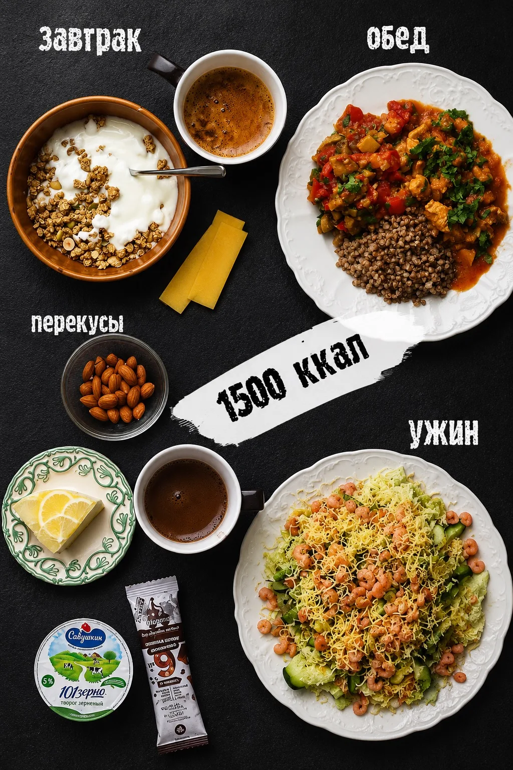 🍽️ МЕНЮ НА 1500 ккал

🍳 Завтрак — 430 ккал (Б 21 / Ж 17 / У 42)

• Мюсли без сахара — 50 г
• Натур