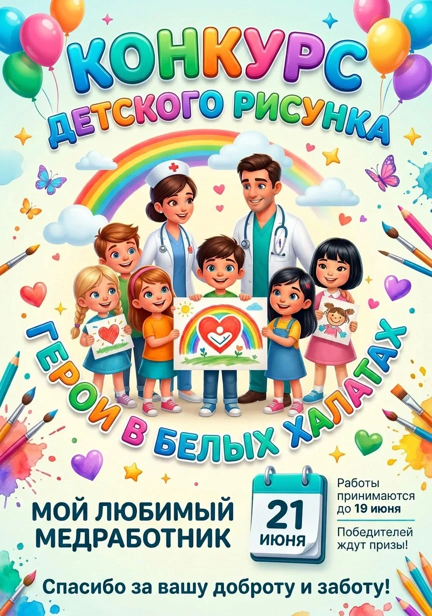 🎨 Дорогие друзья!

Мы с радостью объявляем о конкурсе детского рисунка «Герои в белых халатах. Мой 