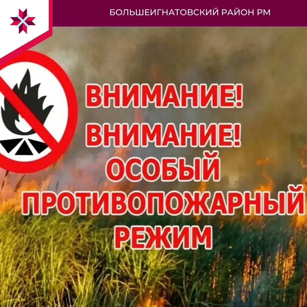 ПАМЯТКА ЖИТЕЛЯМ РАЙОНА

ВНИМАНИЕ! ВВЕДЁН ОСОБЫЙ ПРОТИВОПОЖАРНЫЙ РЕЖИМ

В связи с высоким риском возн