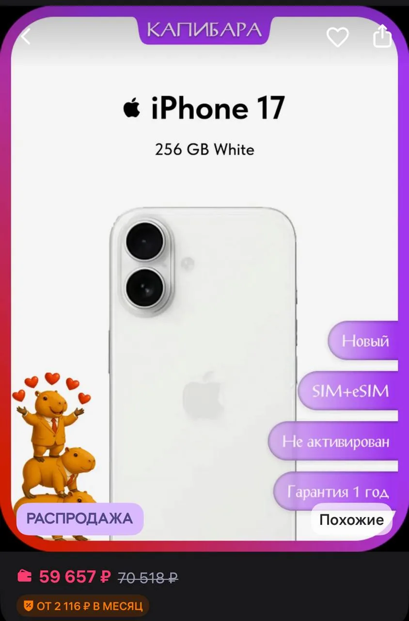 Apple Смартфон iPhone 17 256 GB White Sim + eSim
https://www.wildberries.ru/catalog/518986554/detail