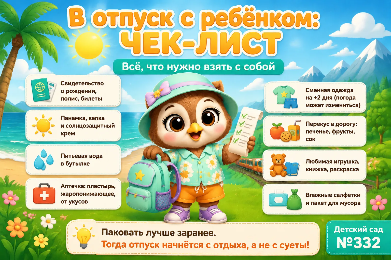 🧳 В отпуск с ребёнком: чек-лист от Совуньи

Дорогие родители!

Скоро лето, а значит — пора отпусков