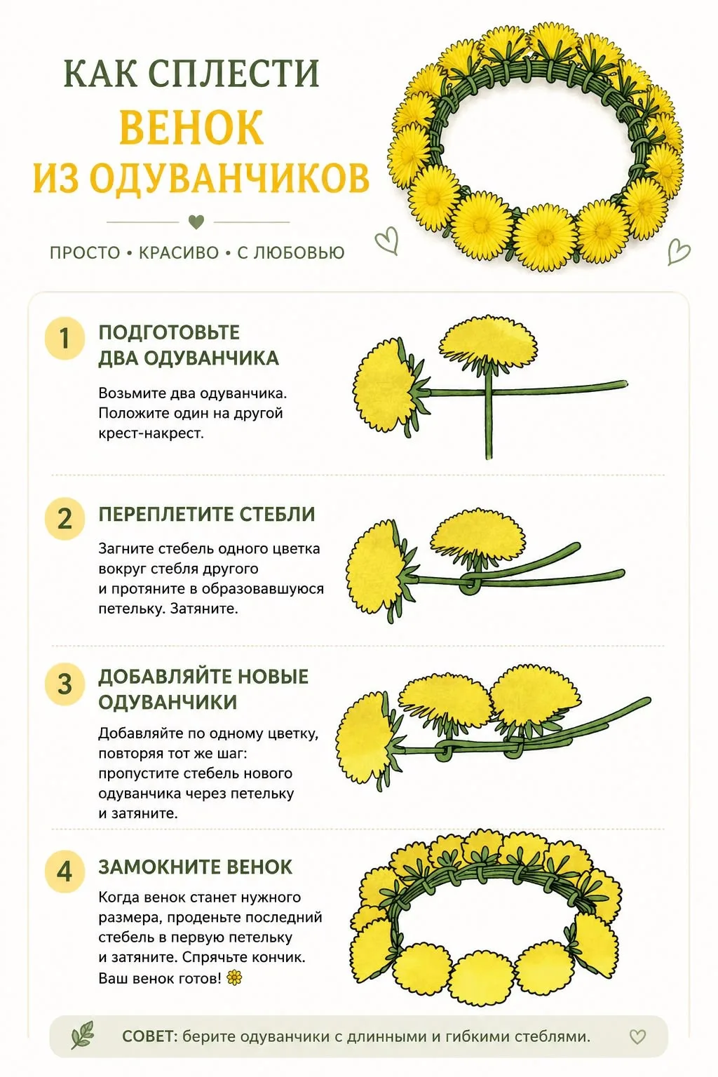 💐 Венок за 5 минут — смотрим схему👇. Учитесь с малышами: сложно только первые два стебля, потом уж
