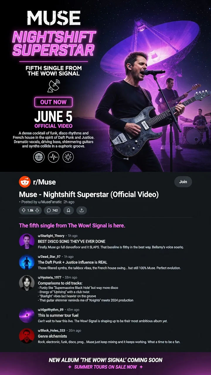 Muse выпустили танцевальный сингл Nightshift Superstar

Muse представили трек Nightshift Superstar, 