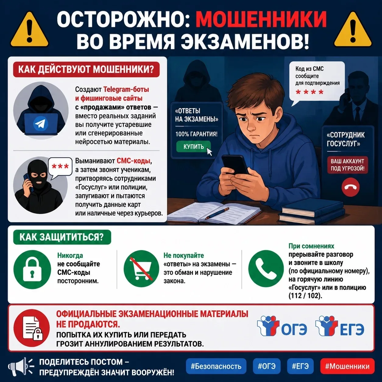 ⚠️ Осторожно: мошенники во время экзаменов! ⚠️

В период ОГЭ и ЕГЭ активизируются злоумышленники. Он