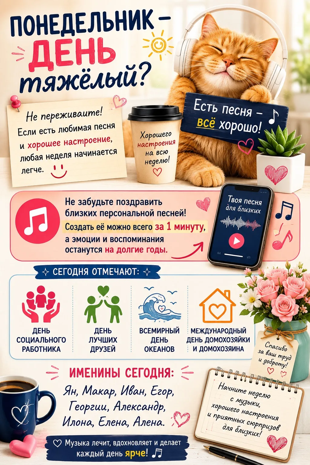 ☕ Понедельник — день тяжёлый?

Не переживайте! Если есть любимая песня и хорошее настроение, любая н