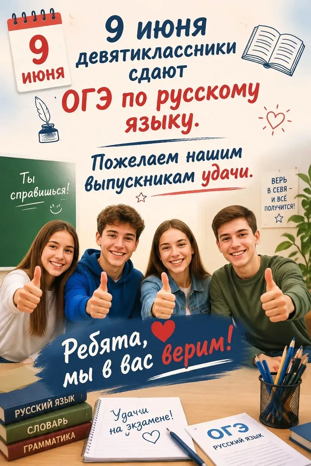 Сегодня важный день для наших девятиклассников — ОГЭ по русскому языку!

Мы знаем, что это непростой