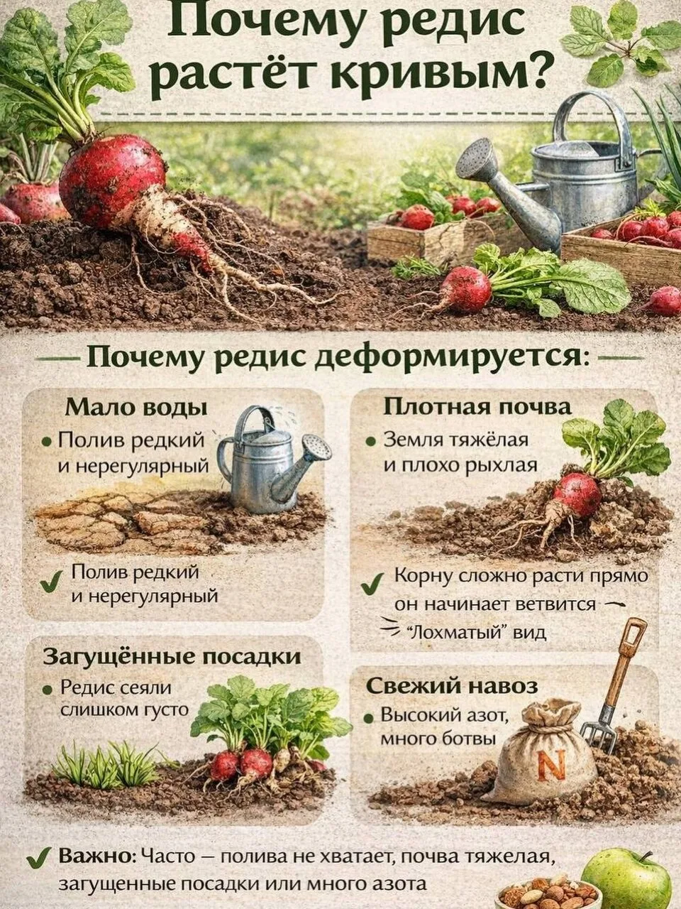 Почему редис деформируется.

1. Нехватка влаги.
Редис любит стабильный полив.
Если почва пересыхает,
