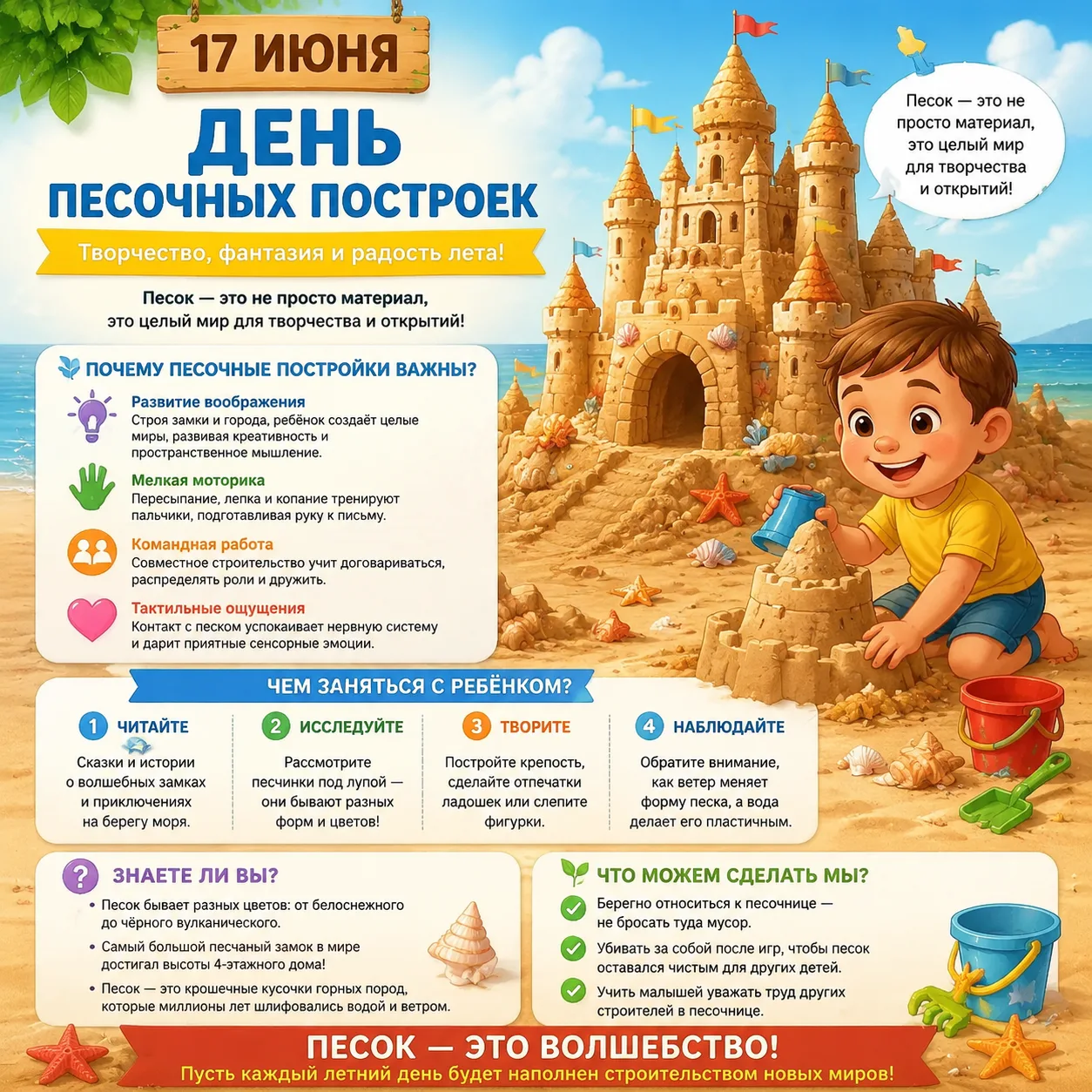 17 июня — День песочных построек! 🏰
‎
‎Лето в самом разгаре, а значит, пора строить замки из песка!