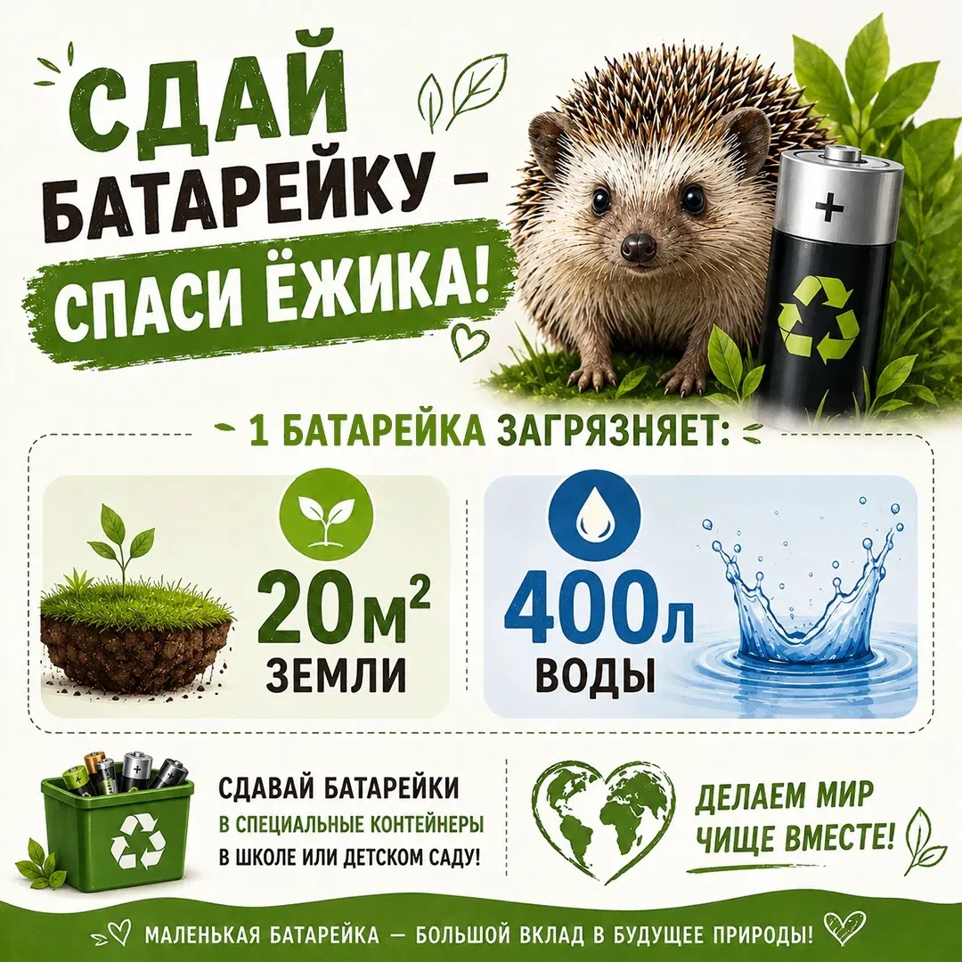 🌎 Ребята, знаете ли вы, что всего одна выброшенная батарейка может нанести огромный вред природе? 
