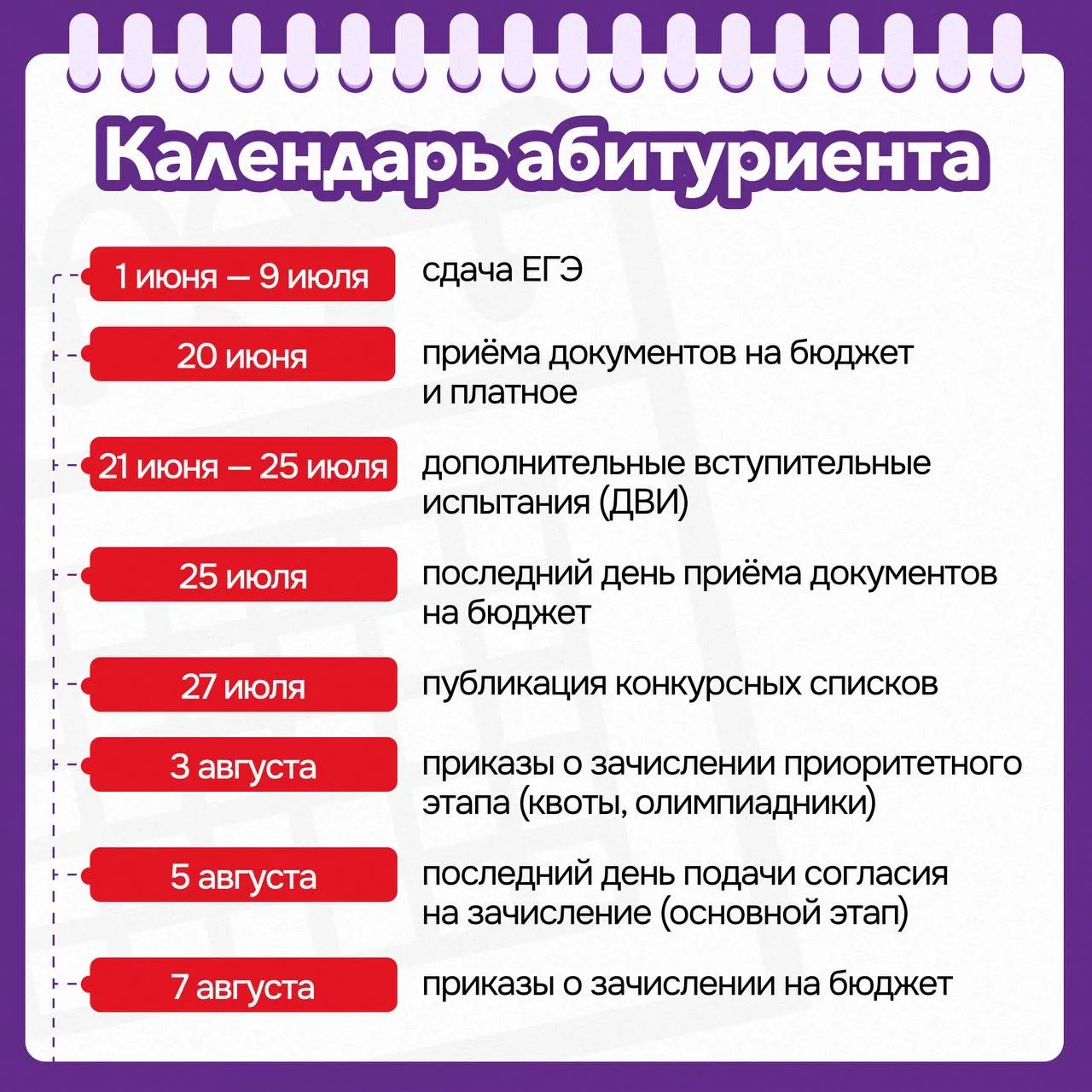 🗓 Календарь абитуриента 2026

Этим летом выпускники школ будут жить в режиме дедлайнов и стресса: Е