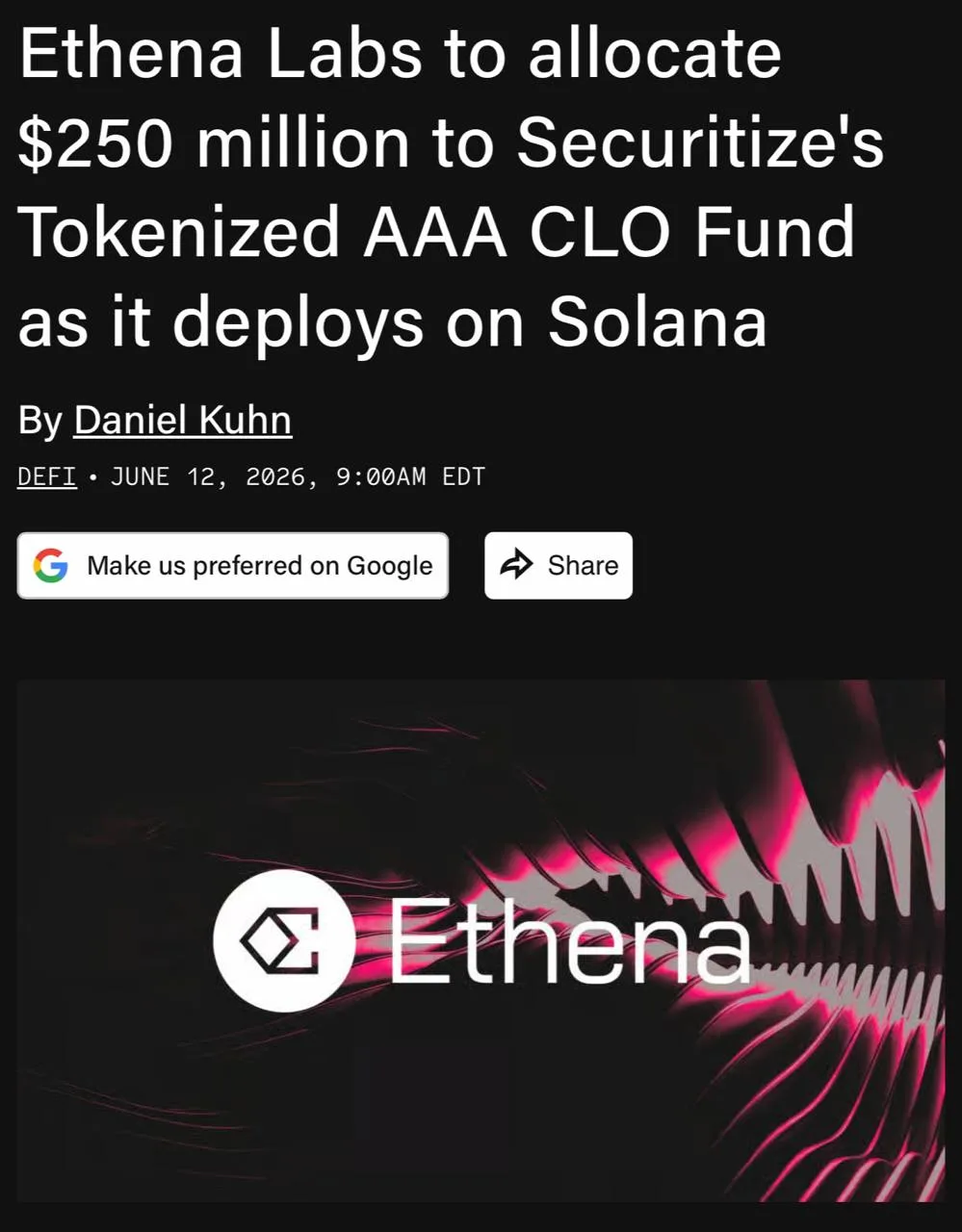 Ethena Labs объявила о выделении 250 миллионов долларов на токенизированный фонд Securitize Tokenize