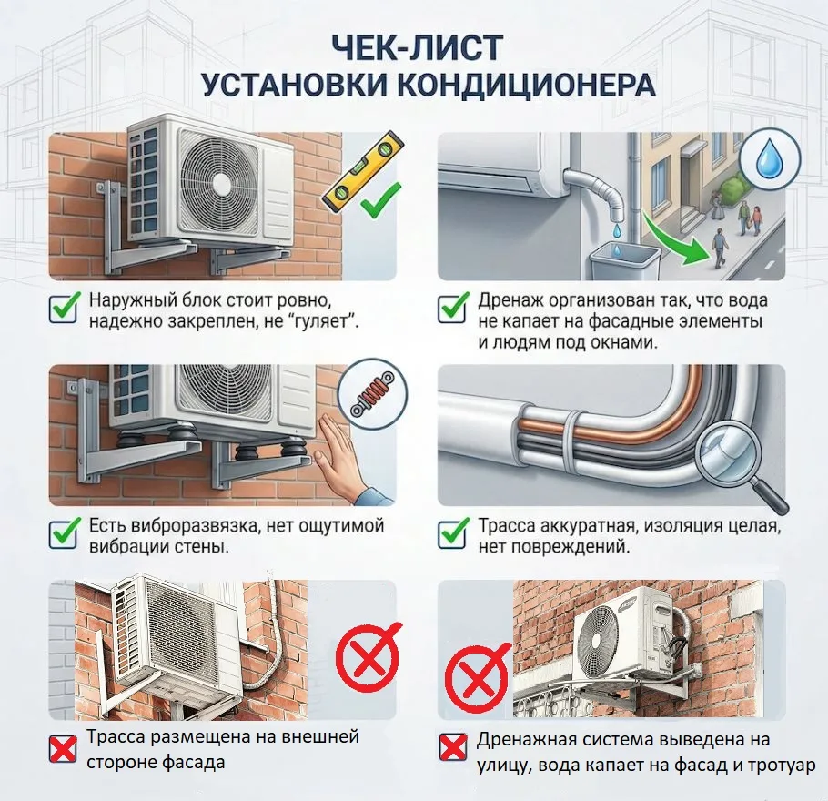 📌Напоминаем о правилах размещения внешнего блока сплит-системы на фасаде многоквартирного дома. 
Эт