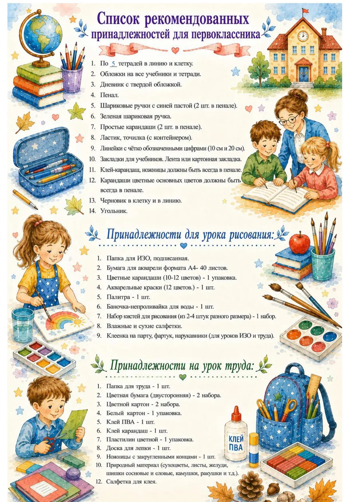 Список рекомендованных принадлежностей для первоклассника