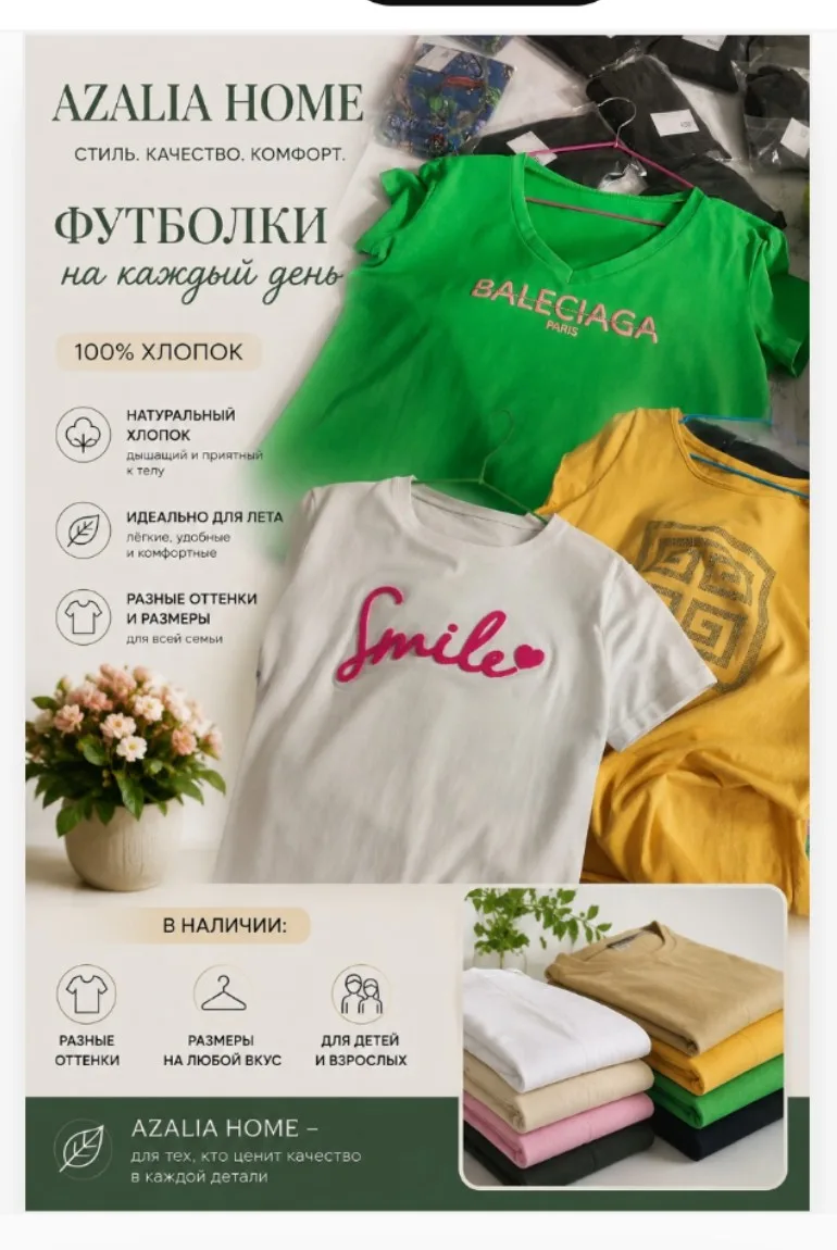 Обновите летний гардероб прямо сейчас! 
 Футболки из 100% хлопка В НАЛИЧИИ в Azalia Home.

Не нужно 