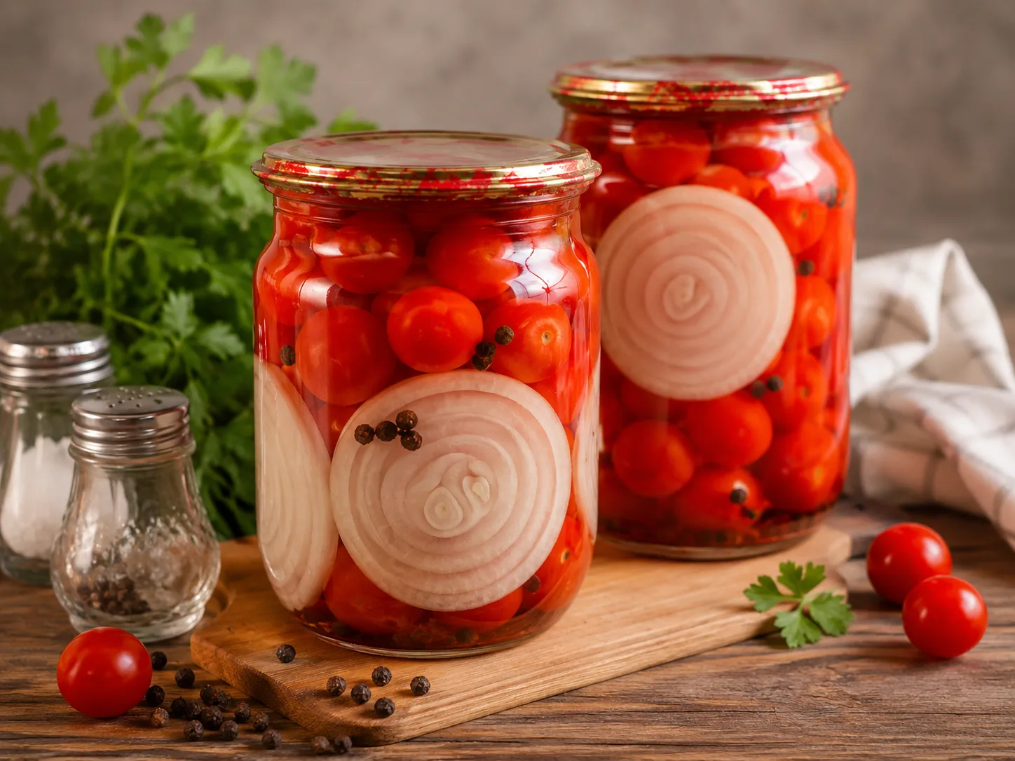 МАРИНОВАННЫЕ ЧЕРРИ С ЛУКОВЫМИ КОЛЬЦАМИ

Ингредиенты:

Помидоры черри — 350–400 г
Лук — 1 шт.
Перец ч