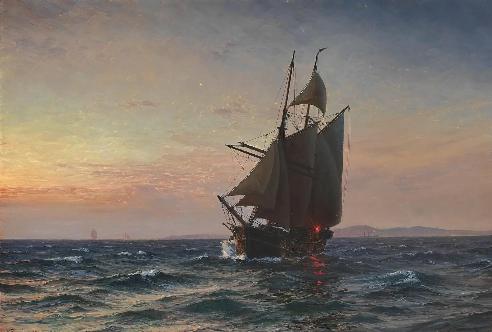 "Парусный корабль в море вечером" (Sejlskib på havet en aftenstund), 1906 г. 

Вильгельм Арнесен (по