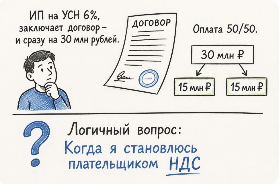 Договор на 30 млн: в какой момент появляется НДС?

В прошлом посте "Что я предлагаю вместо дробления