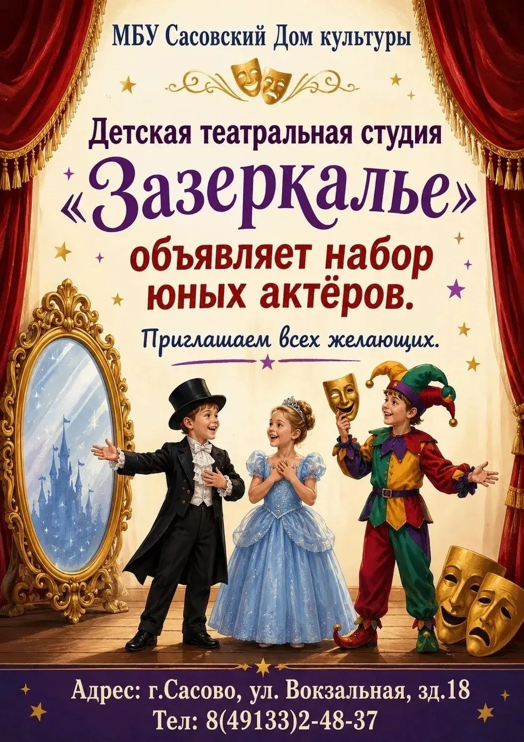 Внимание! Театральная студия Сасовского Дома культуры «Зазеркалье» объявляет набор юных актёров!
Есл
