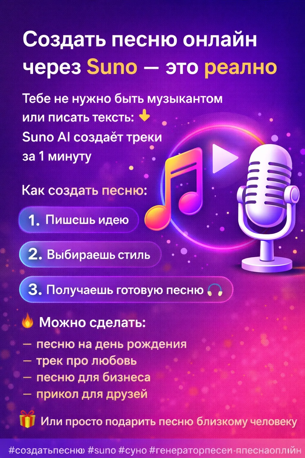 🎵 Создать песню онлайн через Suno — это реально

Хочешь свой трек, но не умеешь писать музыку?
Тепе
