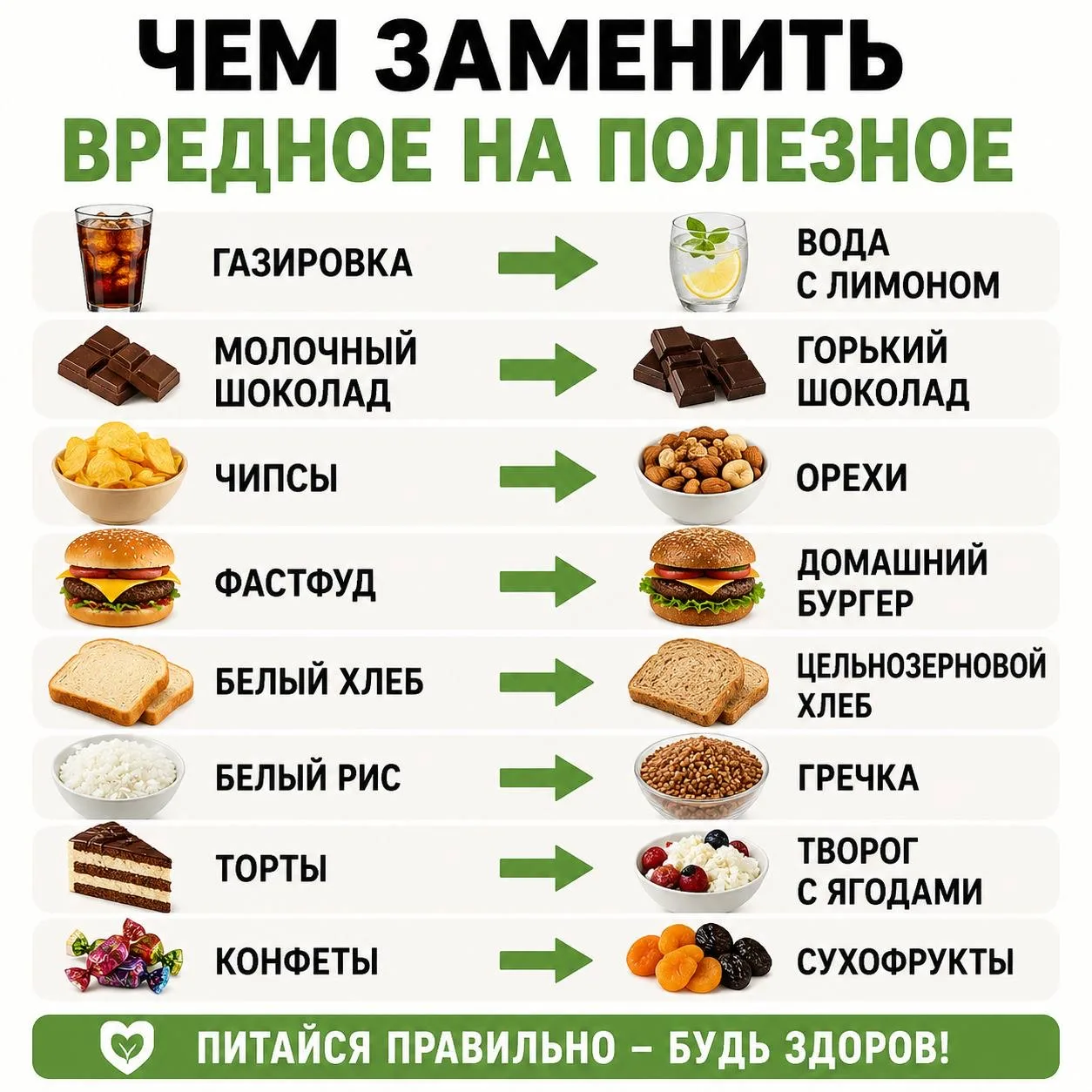 Чем заменить вредные продукты на полезные.

Если хочется питаться полезнее, не обязательно резко отк