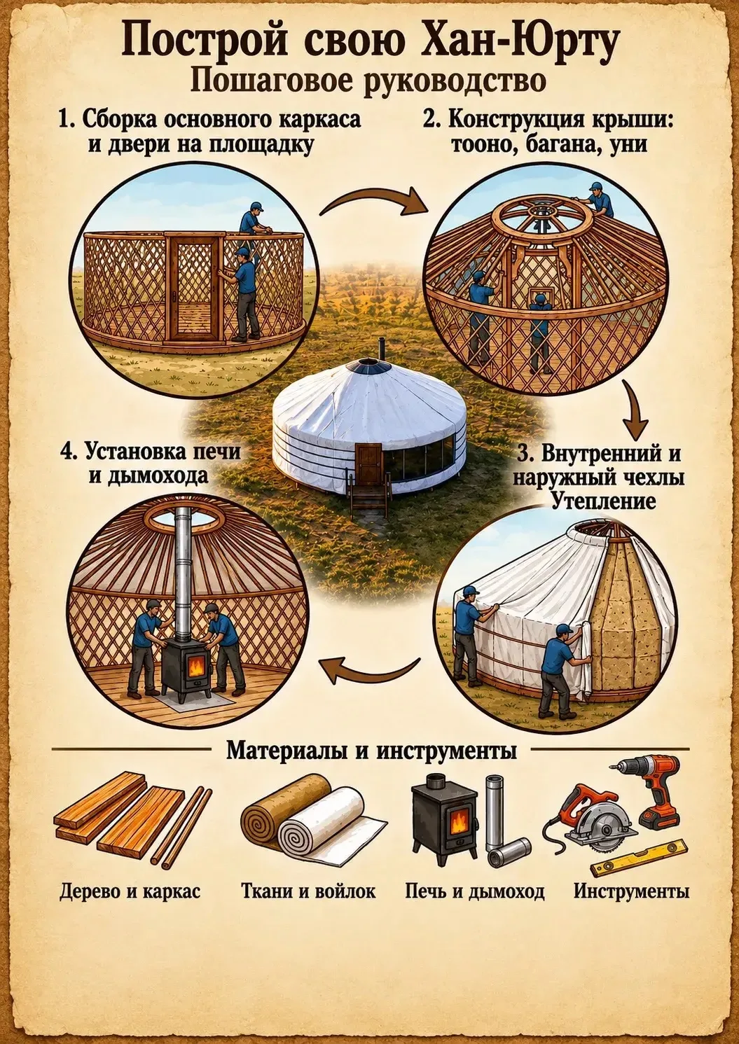 Построить юрту на картинке можно за 4 шага.

В жизни между пунктом «собрать каркас» и «готовая юрта»
