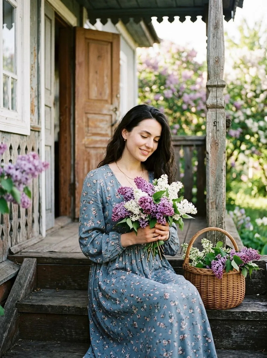 🌿 Женская фотосессия с атмосферой уютного лета
Сирень, деревянный домик, лёгкое платье и мягкий веч