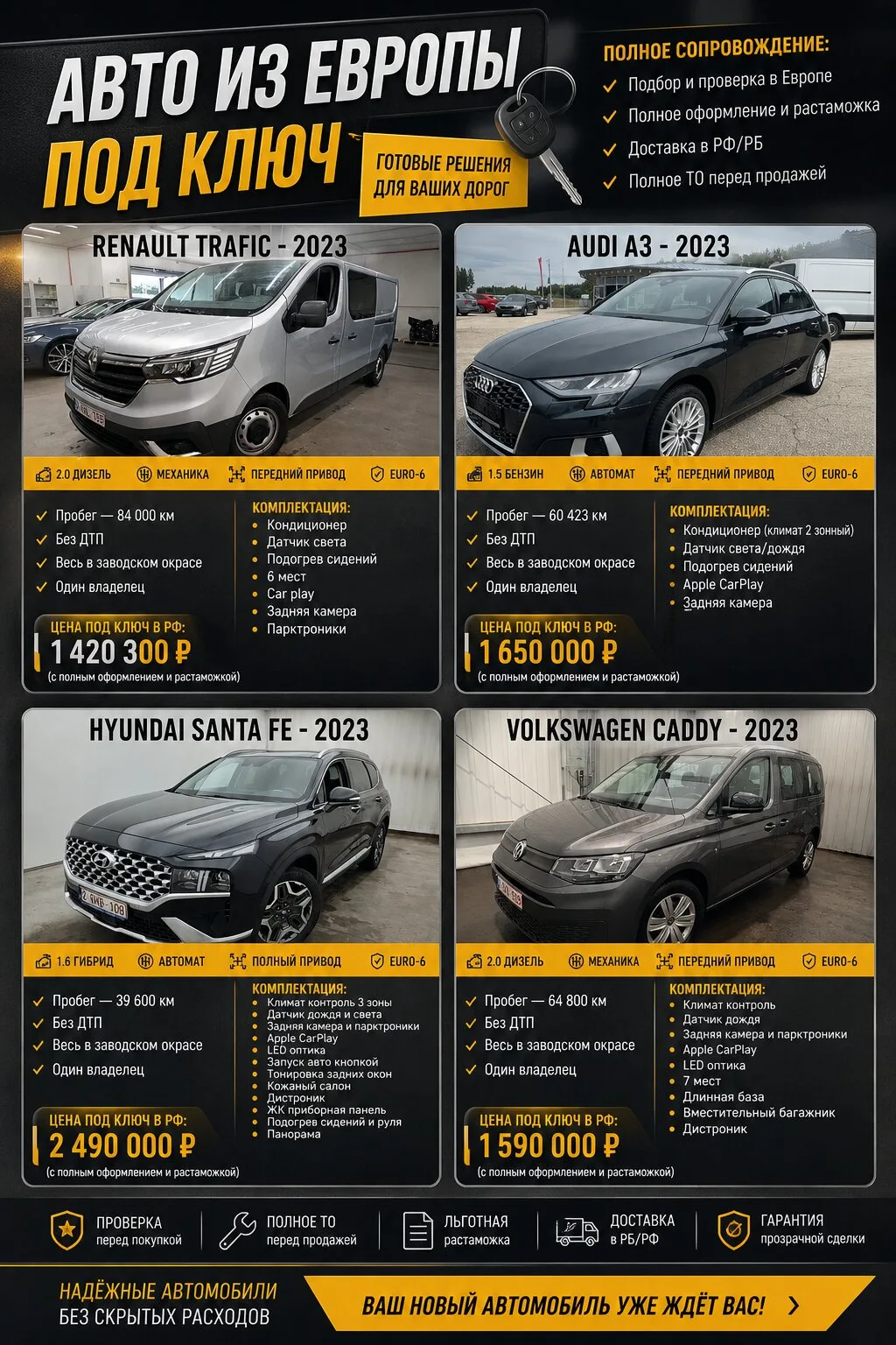 Авто под ключ из Европы

Новые поступления автомобилей из Европы.

- Renault Trafic 2023
- Audi A3 2