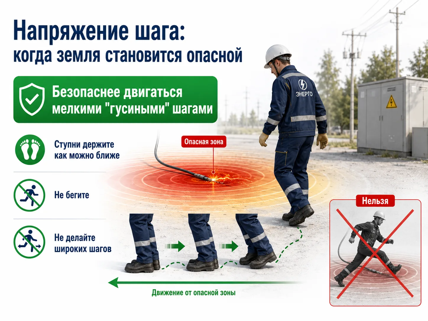 ⚡️Напряжение шага: когда земля становится опасной⚡️

В электробезопасности опасность не всегда выгля