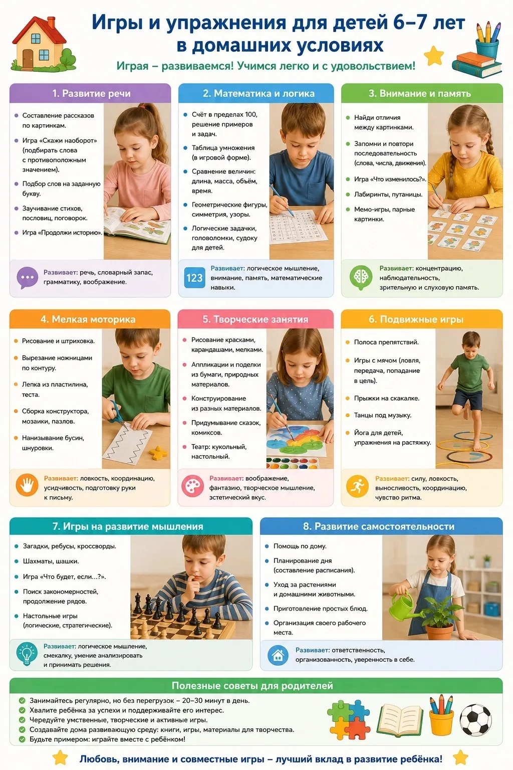 Для детей 6-7 лет домашние игры и упражнения помогают подготовиться к школе, развивать мышление, реч