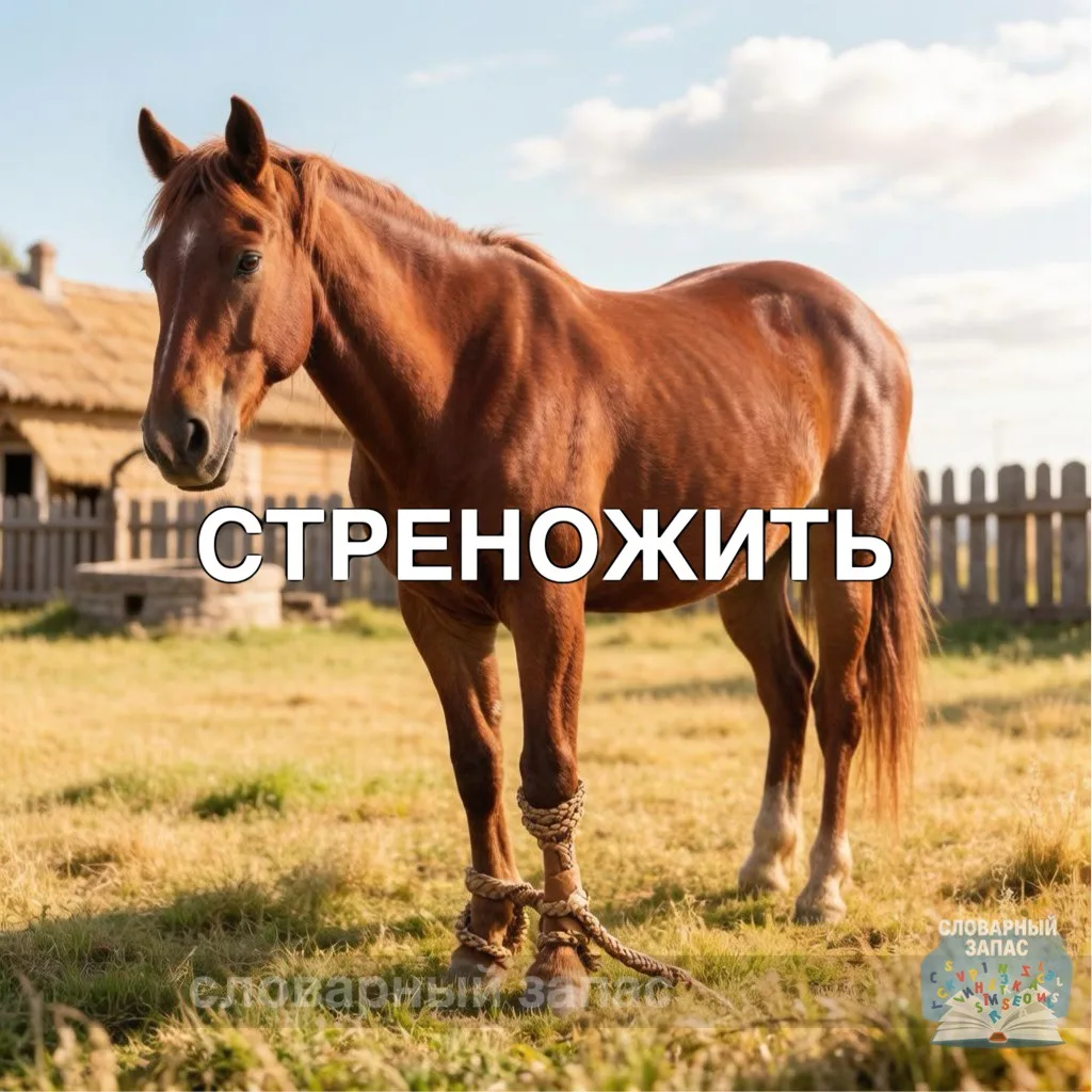 Стрено́жить

У слова два значения:

Прямое значение. Связать путами ноги животного (обычно лошади ил