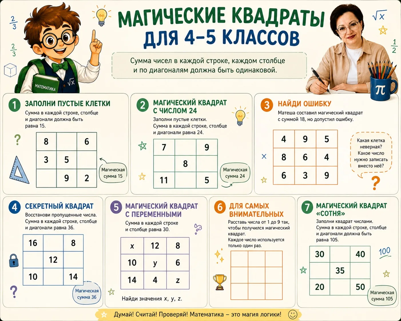 🧩 МАГИЧЕСКИЕ КВАДРАТЫ — ТРЕНИРУЕМ МОЗГ И УЧИМСЯ ДУМАТЬ! 🧩

Думаете, математика — это только пример