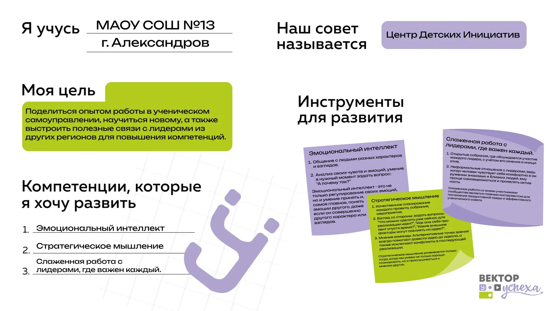 ✅ «Создаю свой «Вектор УСпеха»

Вот какой вектор Никита предлагает для развития ученического самоупр