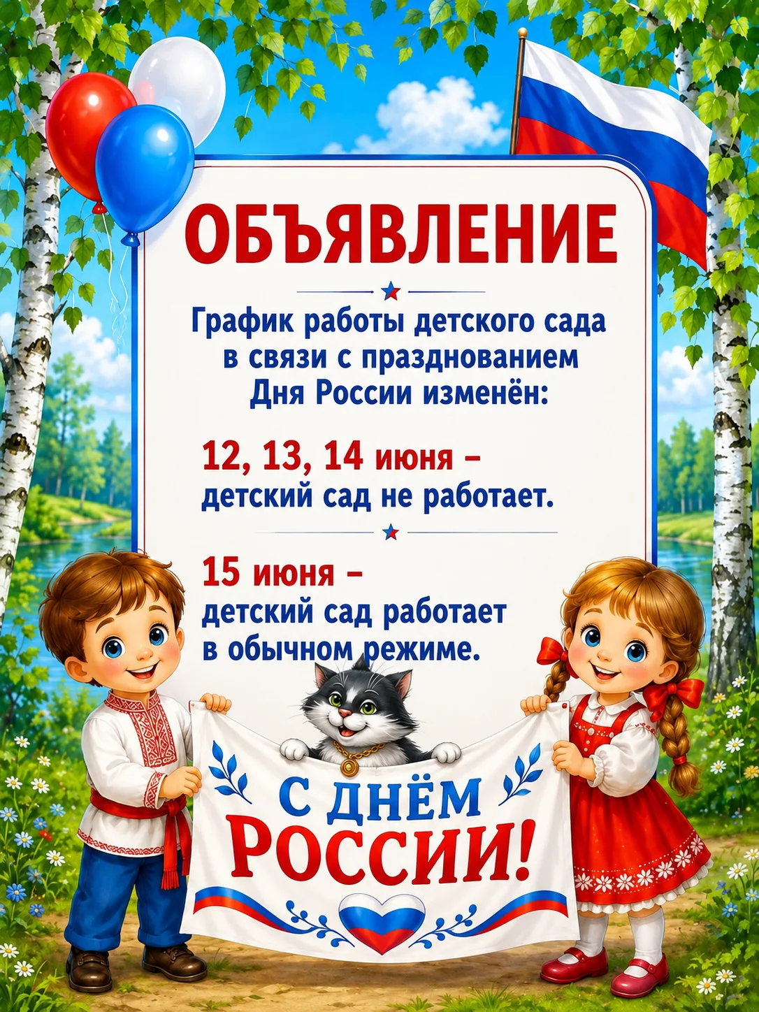 💡Дорогие друзья! Обращаем ваше внимание на изменение графика работы детского сада в честь празднова